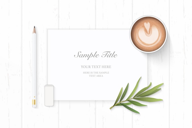 Vector flat lay top view elegant white composition paper pencil eraser tarragon leaf and coffee on wooden background.