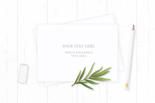 Vector flat lay top view elegant white composition paper pencil tarragon leaf and eraser on wooden background.