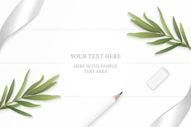 Flat lay top view elegant white composition silver ribbon\
pencil eraser tarragon leaf on wooden floor background.