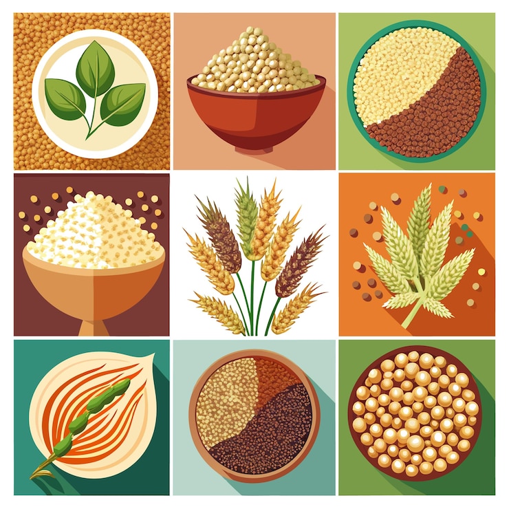 Vector flat lay of various types of grain and cereal including quinoa spelt wheat barley couscous and millet