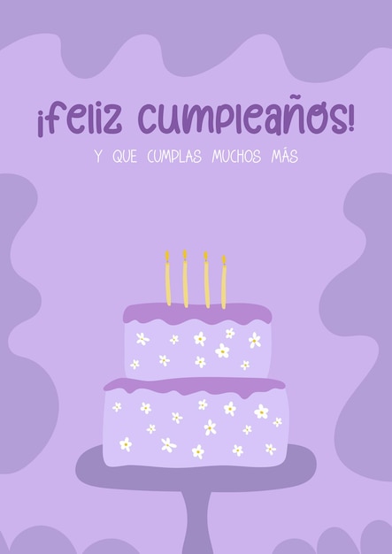 Vector flat lay vector template - happy birthday in spanish with a cake with flowers over lilac background