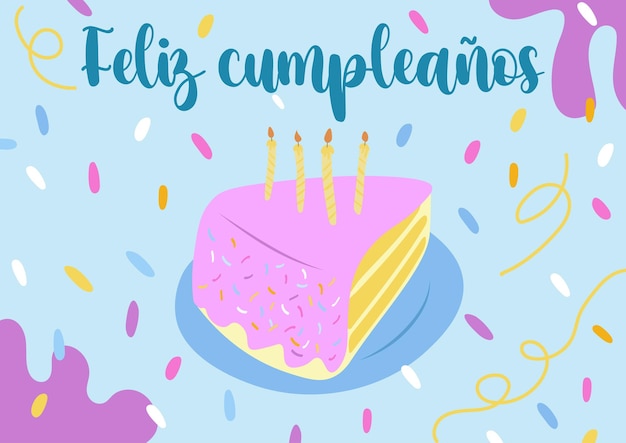 Vector flat lay vector template - happy birthday in spanish with a piece of cake over sprinkles