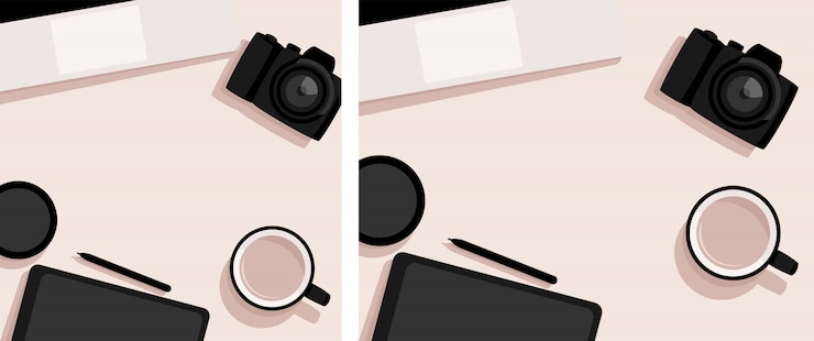 Vector  flat lay with laptop, camera, tablet and cup of coffee
