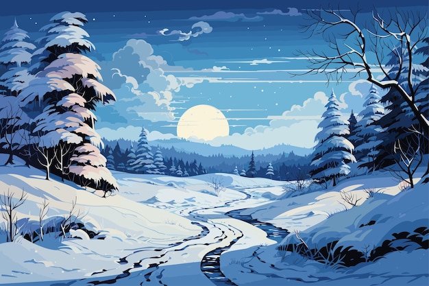 Vector a flat layout of the snowy landscape with trees and mountains