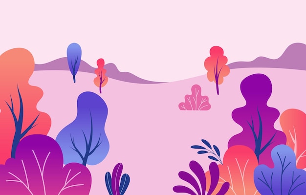 평평한 잎 배경 산과 나무 간단한 보라색과 분홍색 파스텔 잎 자연 그라데이션 부드러운 그래픽 봄 또는 여름 배경 포스터 또는 배너 템플릿 벡터 만화 배경