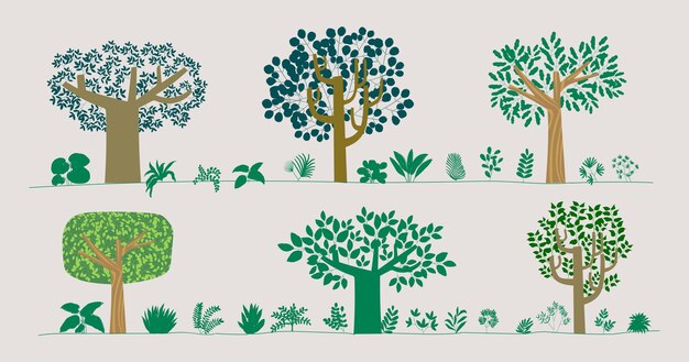 Vector flat leaves bush trees grass wild plants hand drawing vector illustration nature element set