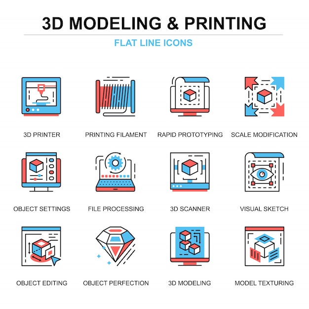 Insieme di concetti di icone di stampa 3d e modellazione linea piatta