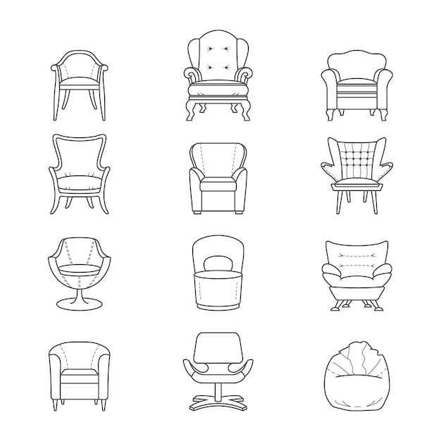 Vector flat line armchair icons set