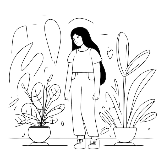 Vector flat line art illustration of a woman standing in front of plants