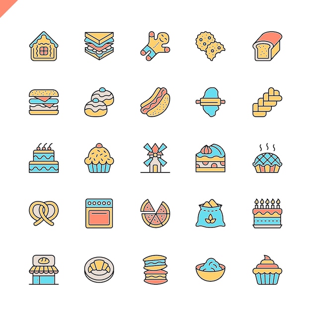 Flat line bakery shop elements icons set