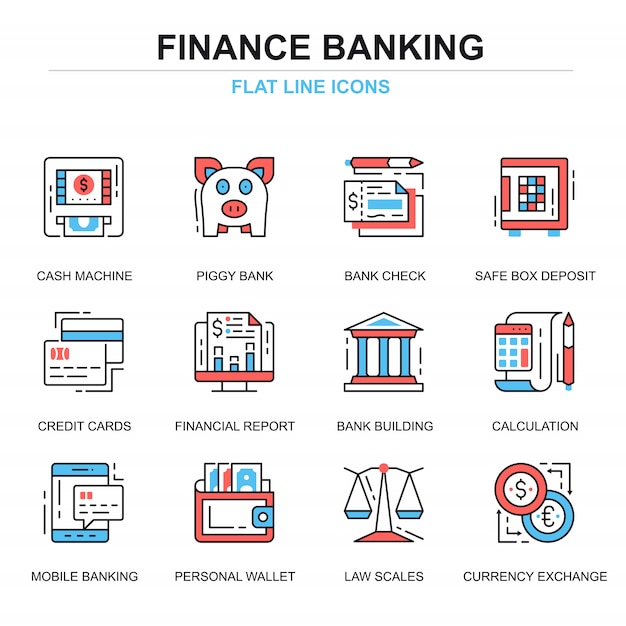 Insieme di concetti di icone di banking e finanza linea piatta