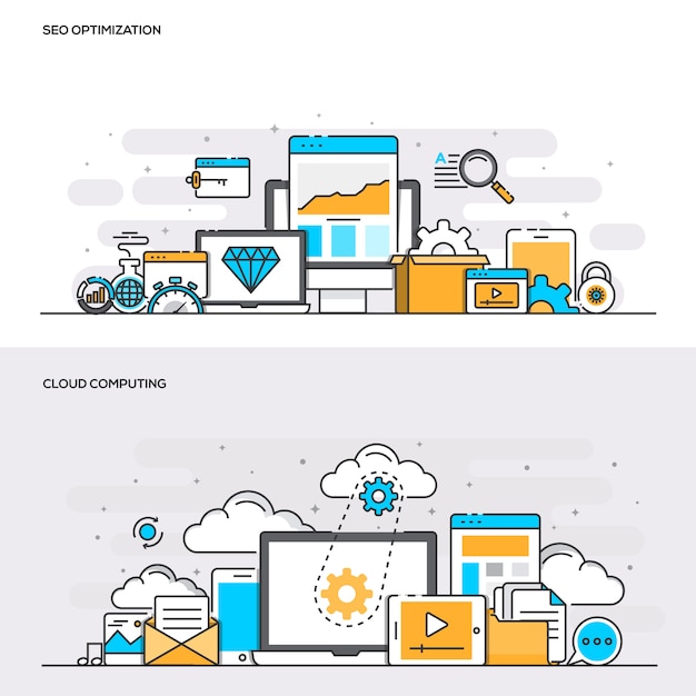 Flat line color concept- seo and cloud computing-color