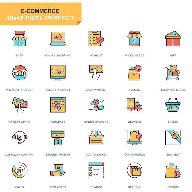 Flat line e-commerce and shopping icons set