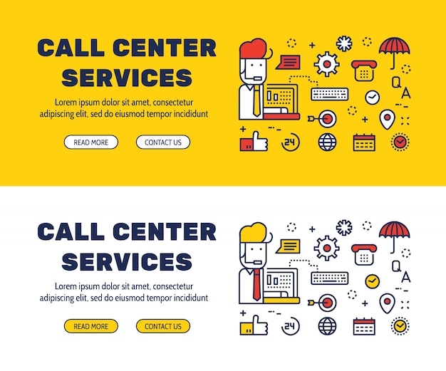 Design di icone di linea piatta di call center ed elementi