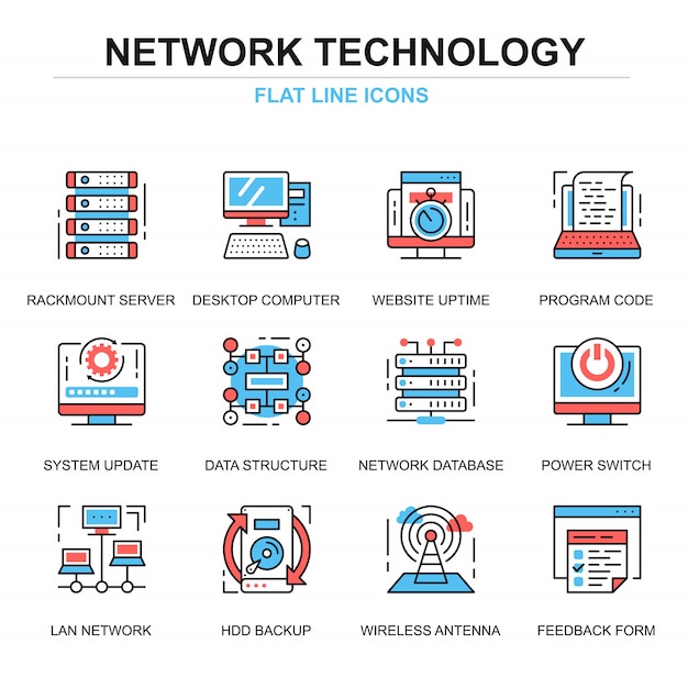 Vector flat line network technology icons concepts set