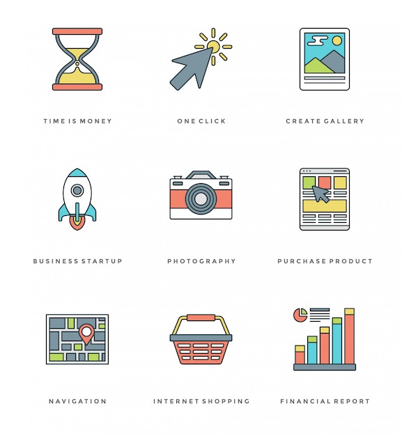 Flat line simple icons set. stroke vector essentials objects