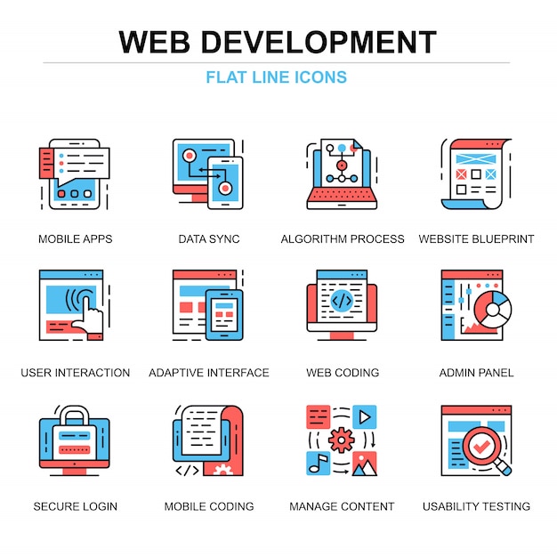 Flat line web development icons concepts set