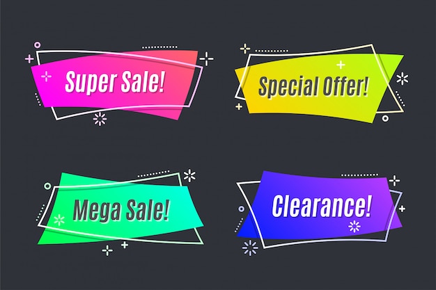 Flat linear promotion vivid banner, scroll, price tag, sticker, badge, poster.