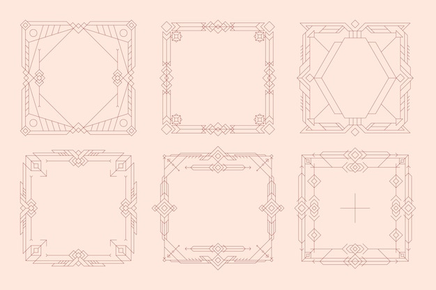 Flat linear square frame set collection with ornaments and geometric shapes