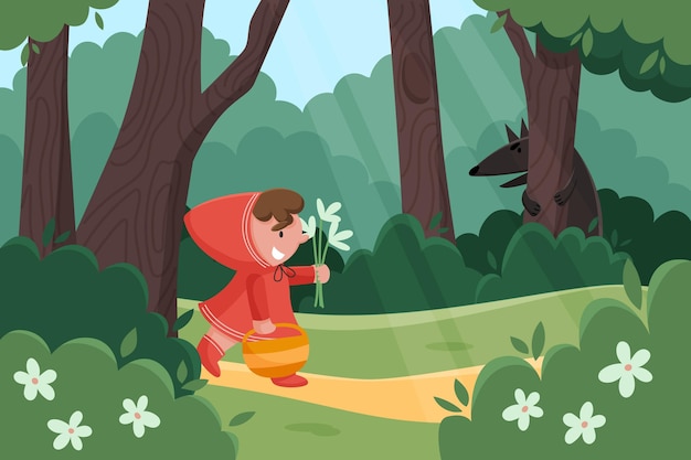 Vector flat little red riding hood illustration