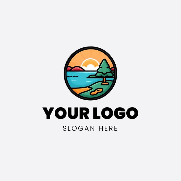 Vector flat logo icon sunrise mountain lake with tree