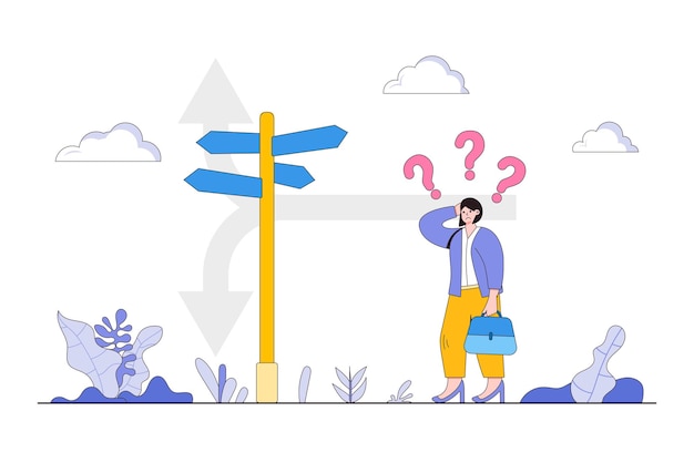 flat lost businesswoman with signs concept outline design style minimal vector illustration for landing page web banner infographics hero images