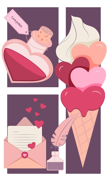 Flat love Valentine's Day set letter potion vector