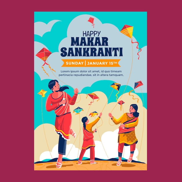 Vector flat makar sankranti celebration vertical poster template