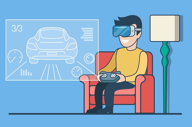 가상 화면에 앉아서 경주 게임을하는 현실 VR 안경의 평평한 남자