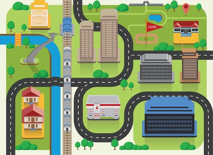 Вектор flat map eco city направление со значками здания