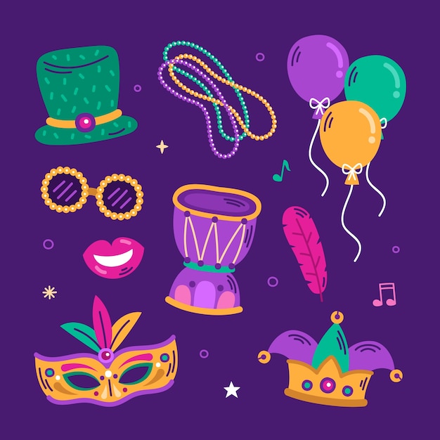 Vector flat mardi gras festival elements collection