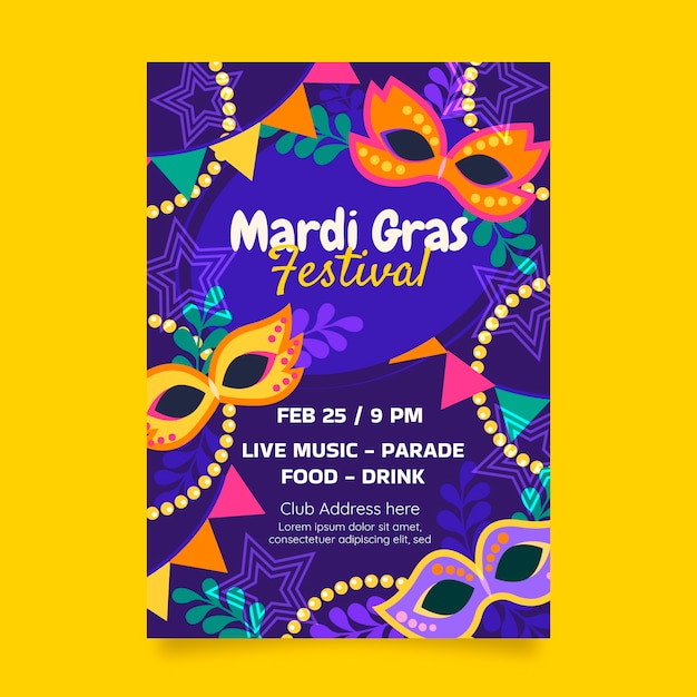 Flat mardi gras vertical flyer template