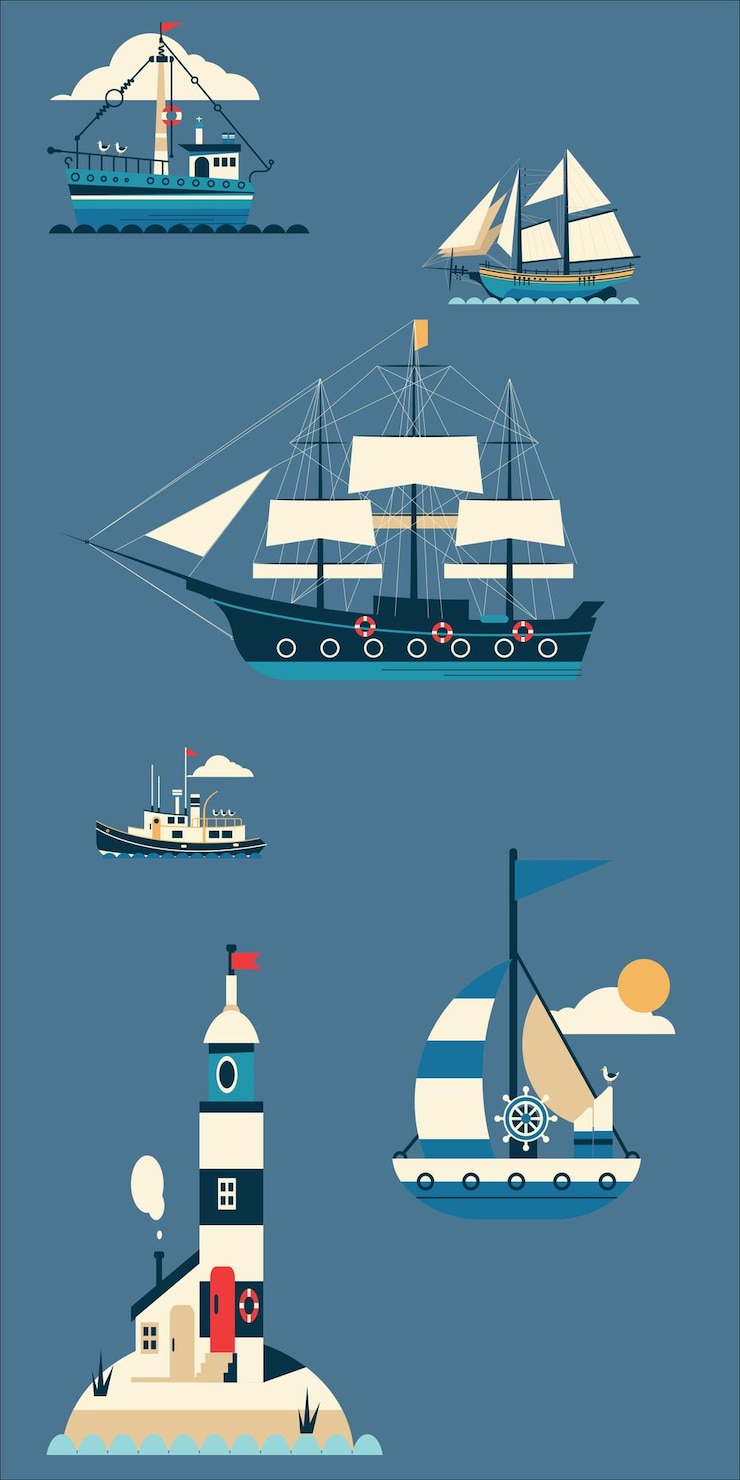 Vector flat maritime ship sailing ships warships cargo ships large ships and coastal beacons