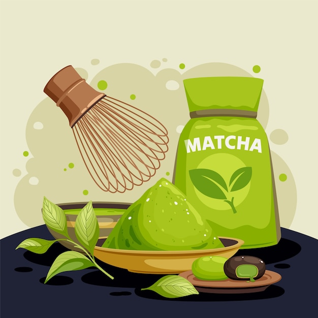 Vettore illustrazione piatta del tè matcha con accessori per il tè
