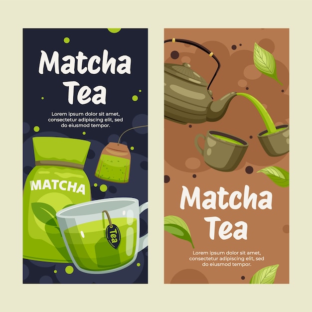 Vettore collezione di modelli di banner verticali per il tè matcha piatto con accessori per il tè