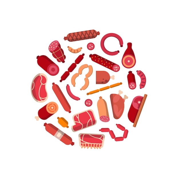 Vector flat meat and sausages icons in circle shape illustration