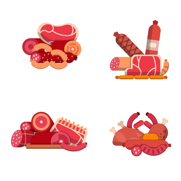 Vector flat meat and sausages icons piles set isolated on white