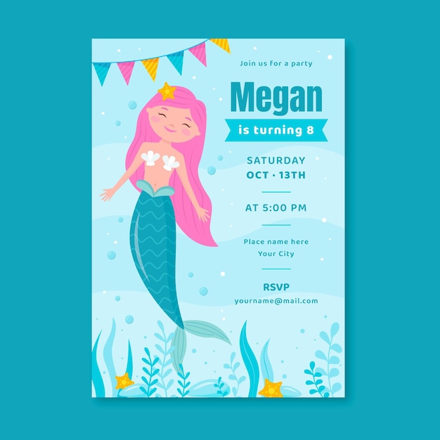 Flat mermaid birthday invitation