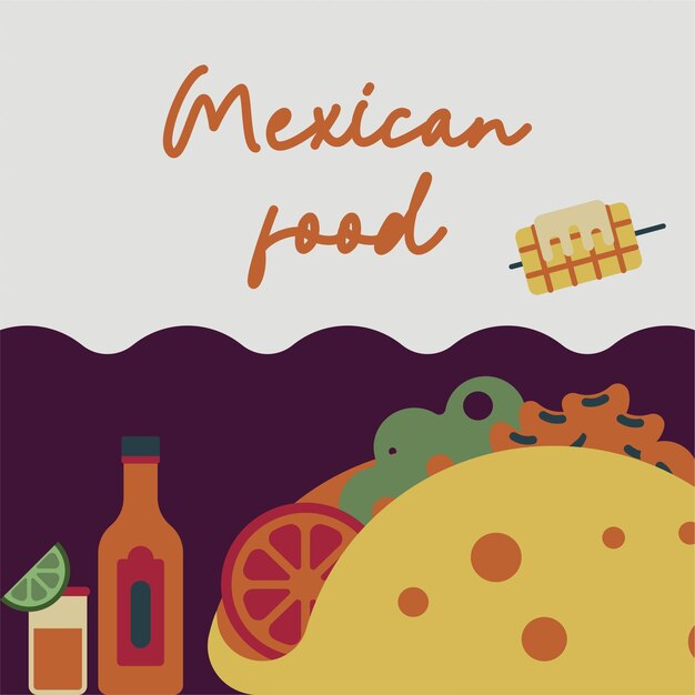 Vector flat mexican food illustration background with food icons