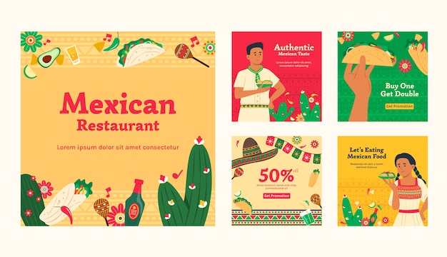 Vector flat mexican restaurant instagram posts collection