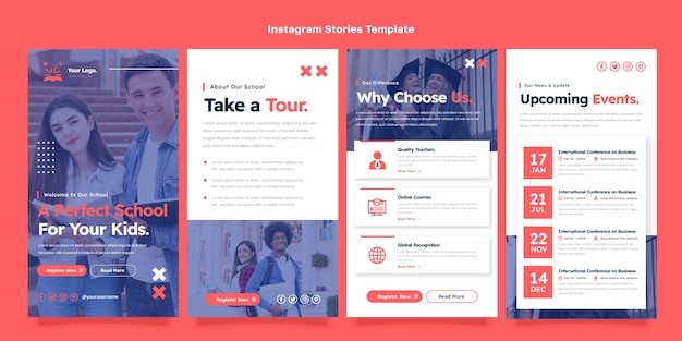 Raccolta di storie instagram minime e piatte per frequentare la scuola internazionale