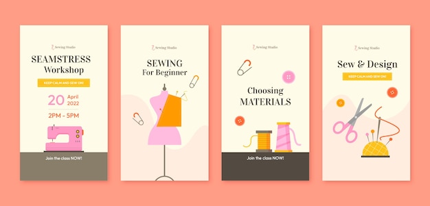 Vector flat minimal seamstress instagram stories set