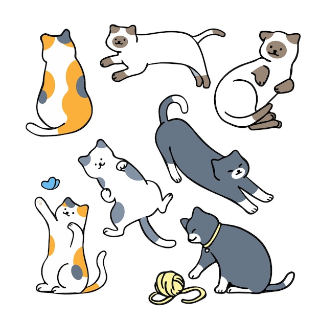 アウトライン スタイルのキャラクター デザインでさまざまなポーズの猫のフラット最小限のベクトル イラスト