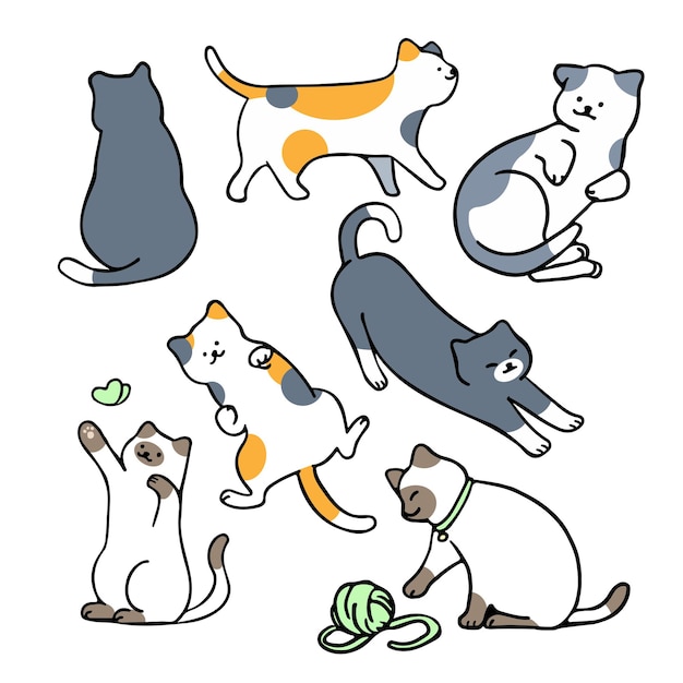 アウトライン スタイルのキャラクター デザインでさまざまなポーズの猫のフラット最小限のベクトル イラスト