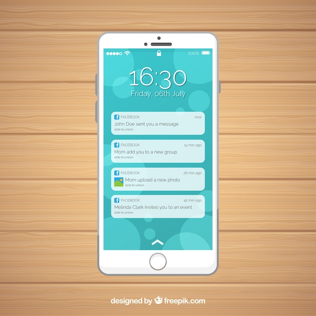 Vector flat mobile with facebook notifications