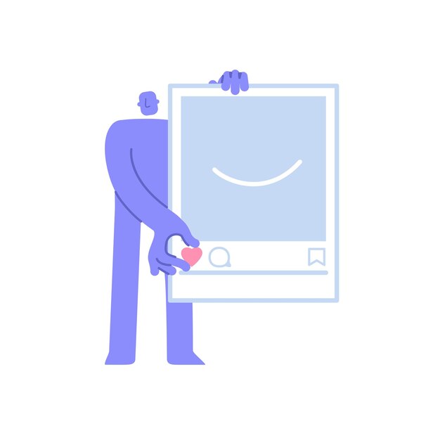 Flat modern character holds a photo of a social network and puts a like