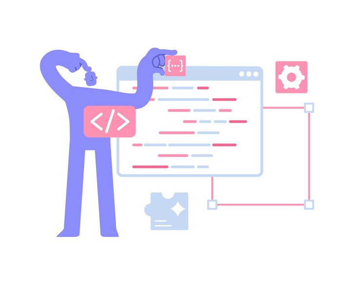 Vector flat modern character looking for an error in software or program web and application development