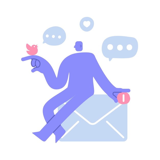 Vector flat modern character sitting on an envelope with a bird on her finger