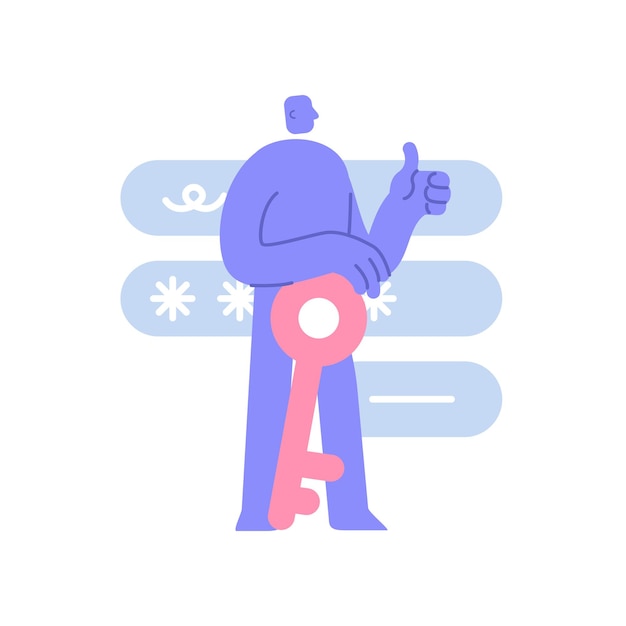 Vector flat modern character stands next to a large key and informs with a thumb up password is strong