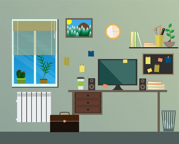 Vector flat modern design workplace in room.